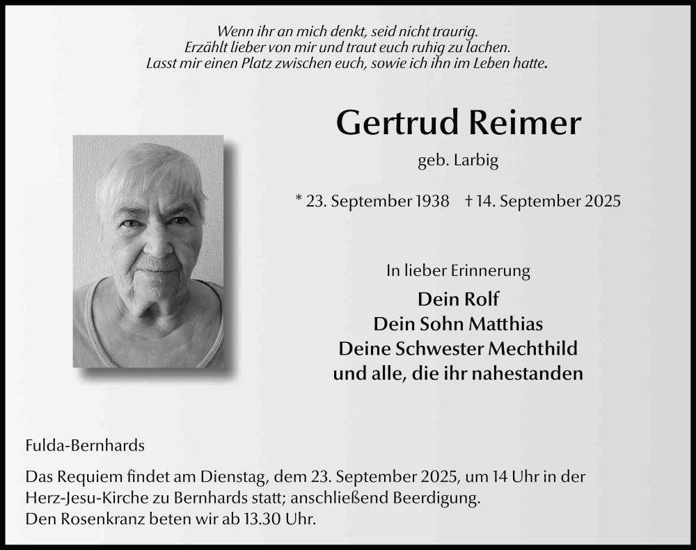  Traueranzeige für Gertrud Reimer vom 20.09.2025 aus FZ