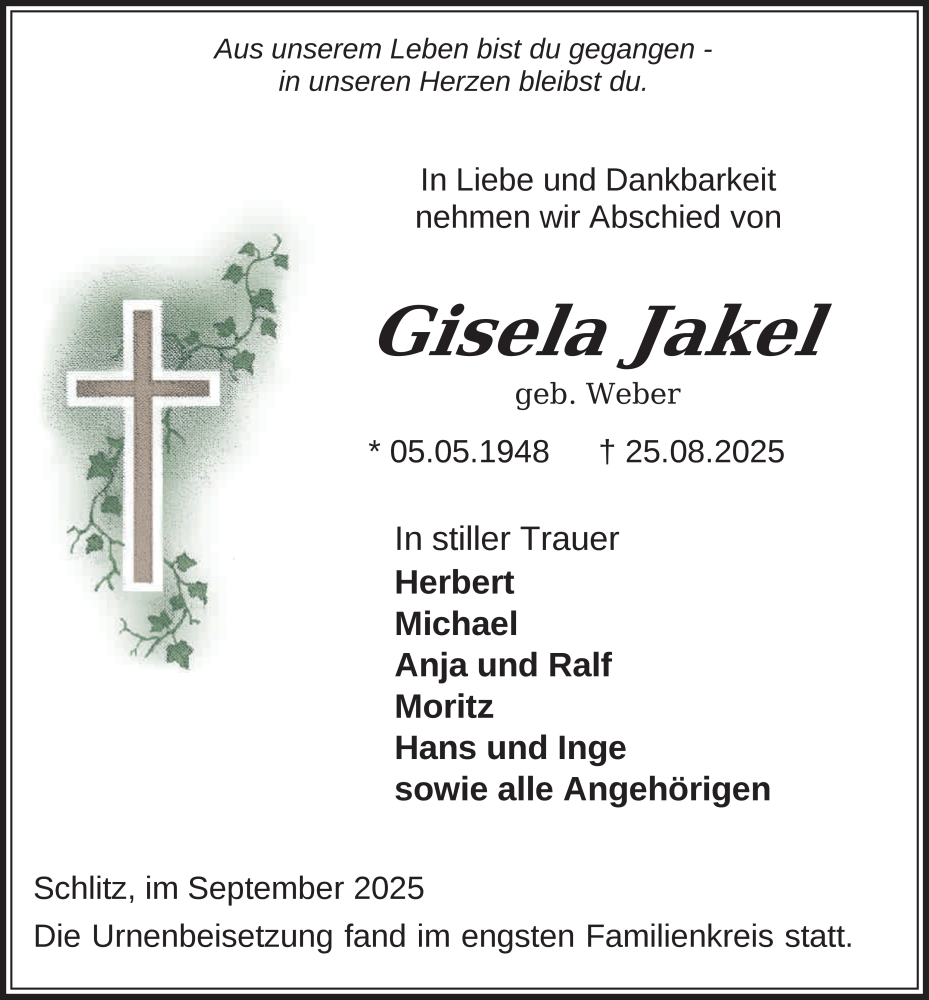  Traueranzeige für Gisela Jakel vom 20.09.2025 aus FZ