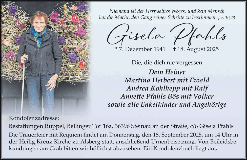  Traueranzeige für Gisela Pfahls vom 13.09.2025 aus FZ