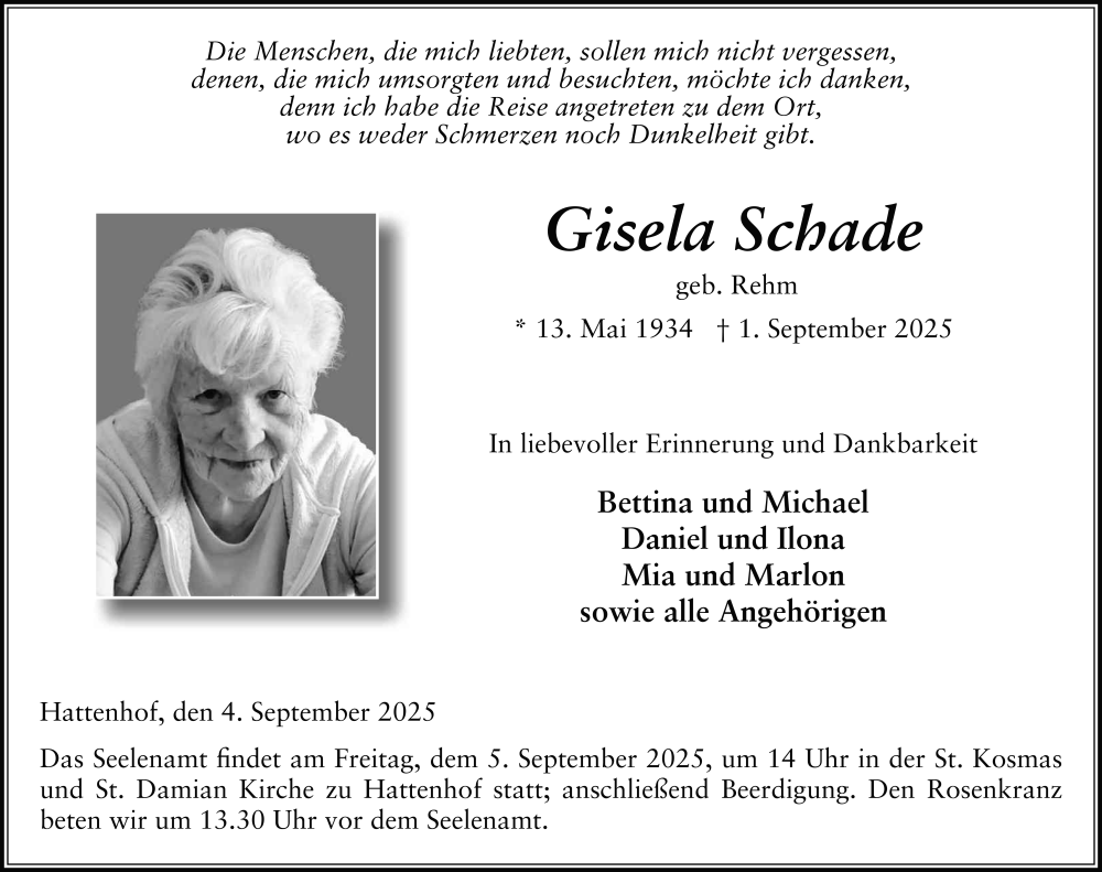  Traueranzeige für Gisela Schade vom 04.09.2025 aus FZ