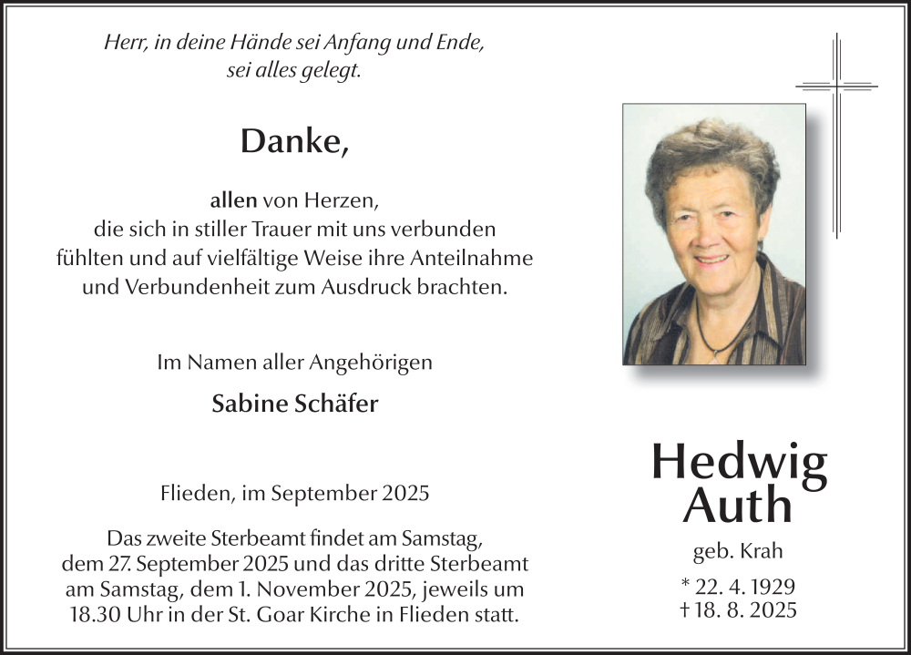  Traueranzeige für Hedwig Auth vom 20.09.2025 aus FZ