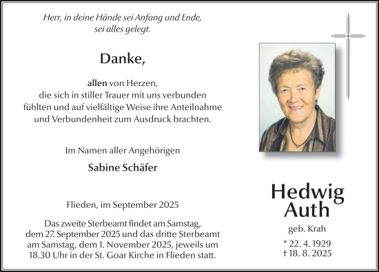 Traueranzeige von Hedwig Auth von FZ