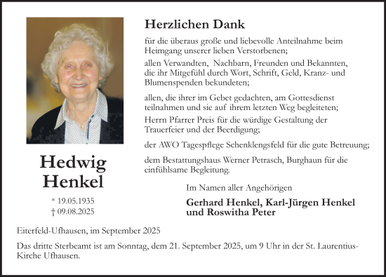 Traueranzeige von Hedwig Henkel von FZ