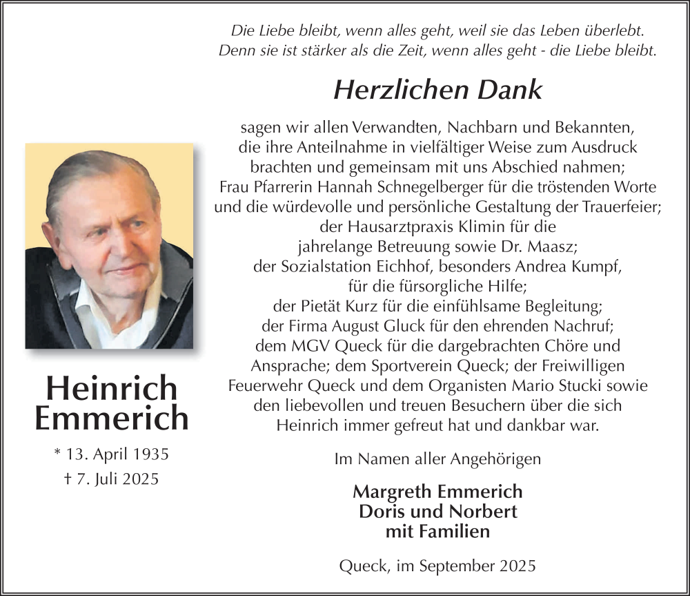  Traueranzeige für Heinrich Emmerich vom 05.09.2025 aus FZ