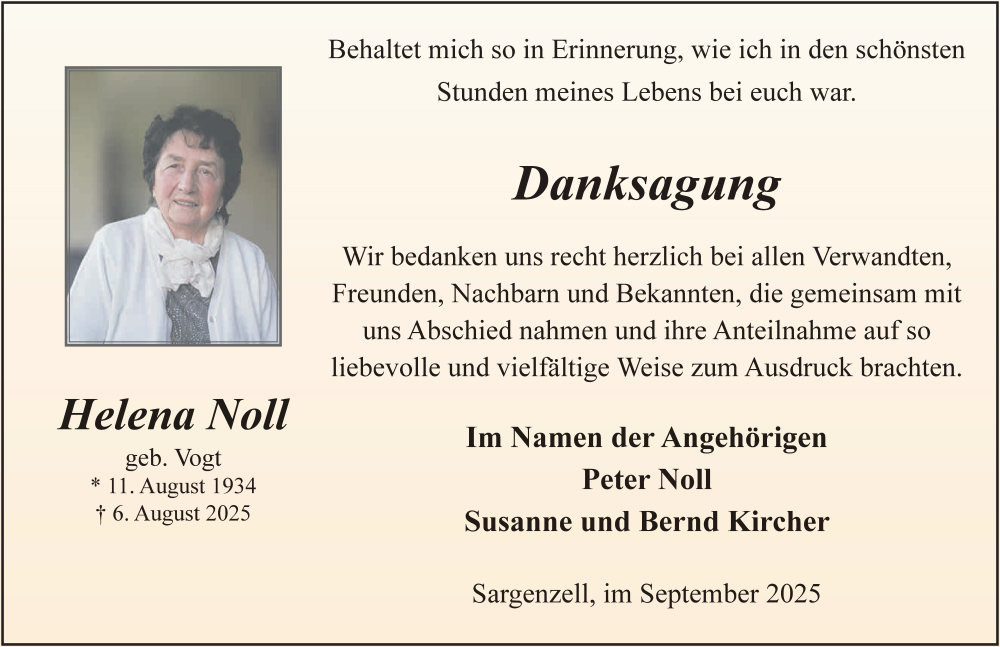  Traueranzeige für Helena Noll vom 20.09.2025 aus FZ