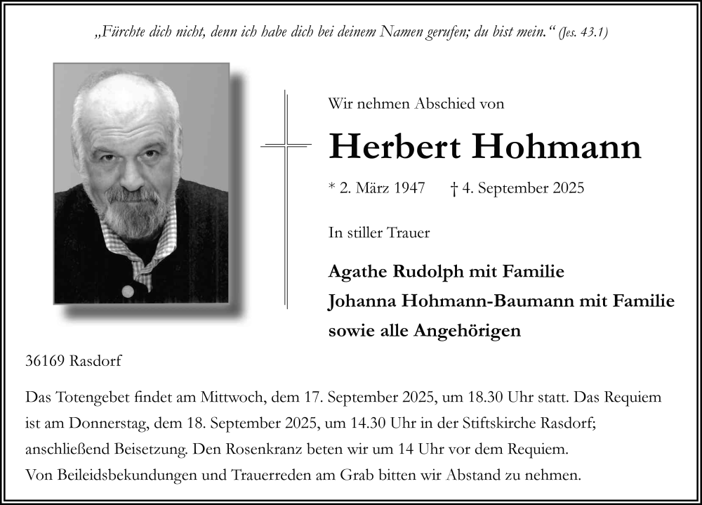  Traueranzeige für Herbert Hohmann vom 16.09.2025 aus FZ