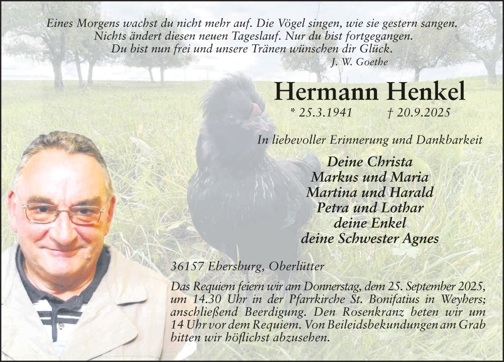  Traueranzeige für Hermann Henkel vom 23.09.2025 aus FZ