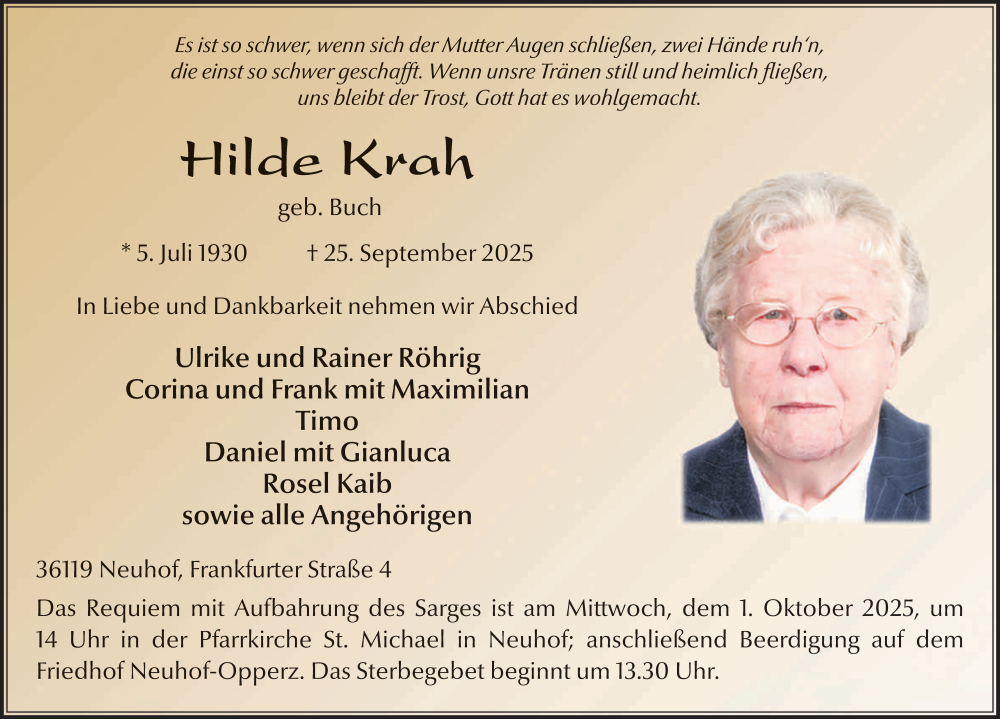  Traueranzeige für Hilde Krah vom 29.09.2025 aus FZ