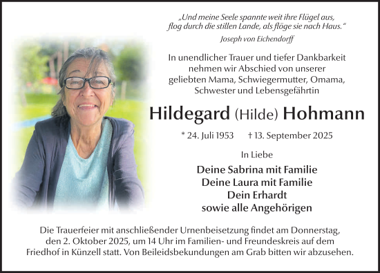 Traueranzeige von Hildegard Hohmann von FZ