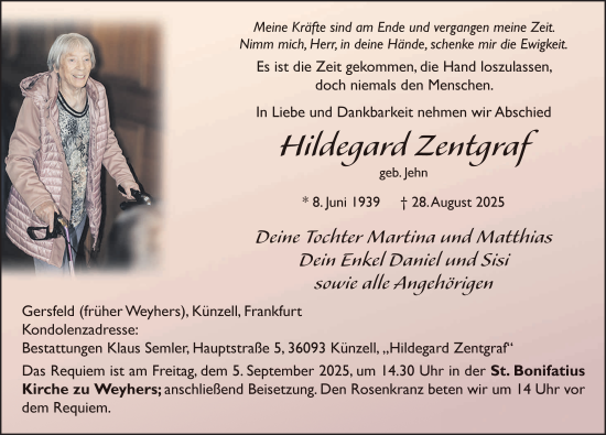 Traueranzeige von Hildegard Zentgraf von FZ