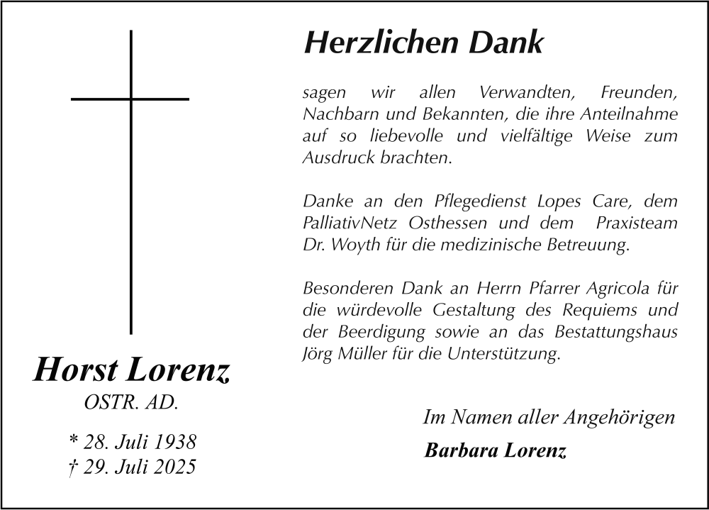  Traueranzeige für Horst Lorenz vom 27.09.2025 aus FZ