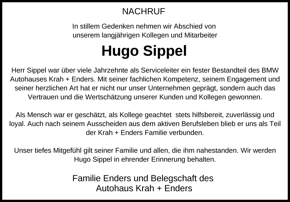  Traueranzeige für Hugo Sippel vom 06.09.2025 aus FZ