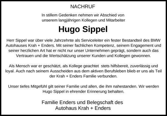 Traueranzeige von Hugo Sippel von FZ