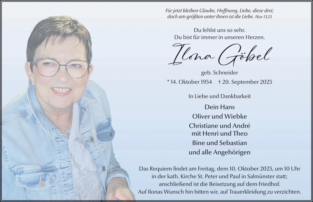  Traueranzeige für Ilona Göbel vom 27.09.2025 aus FZ