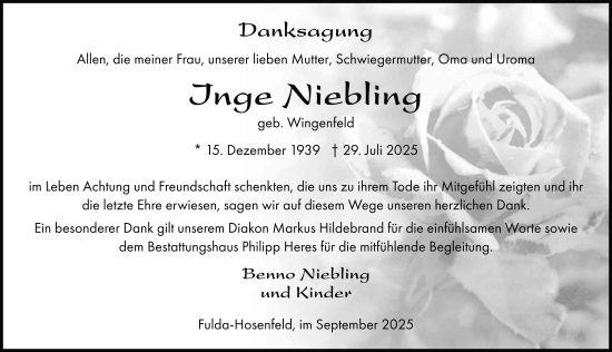 Traueranzeige von Inge Niebling von FZ