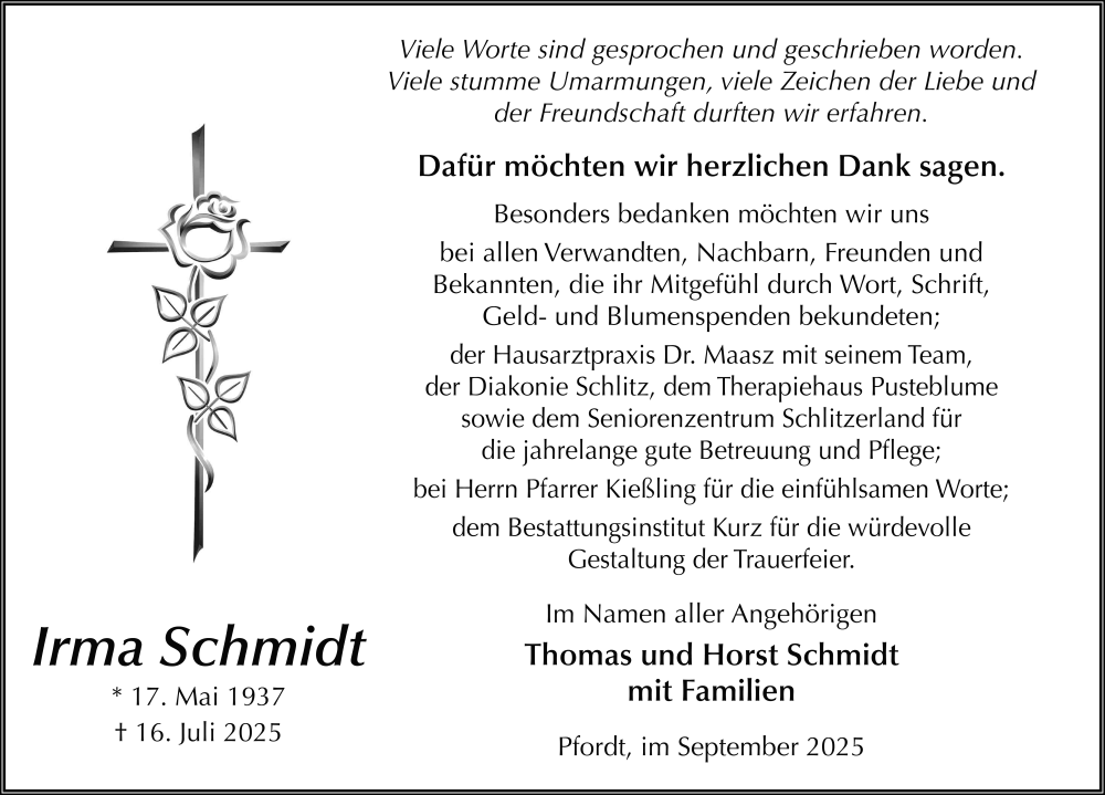  Traueranzeige für Irma Schmidt vom 06.09.2025 aus FZ
