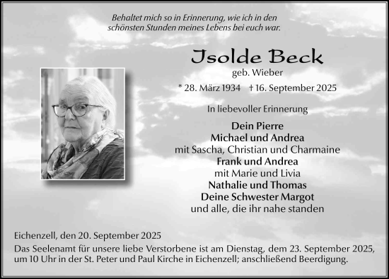 Traueranzeige von Isolde Beck von FZ