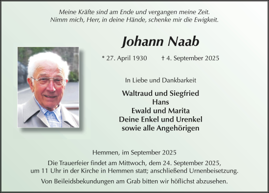 Traueranzeige von Johann Naab von FZ