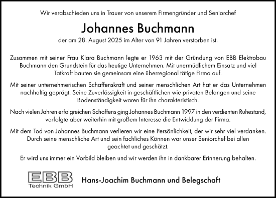 Traueranzeige von Johannes Buchmann von FZ