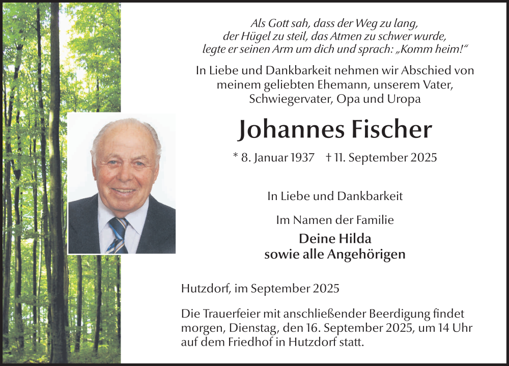  Traueranzeige für Johannes Fischer vom 15.09.2025 aus FZ