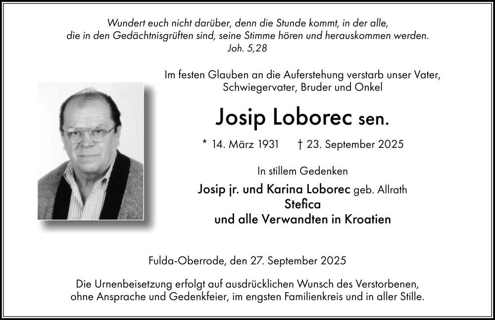  Traueranzeige für Josip Loborec vom 27.09.2025 aus FZ