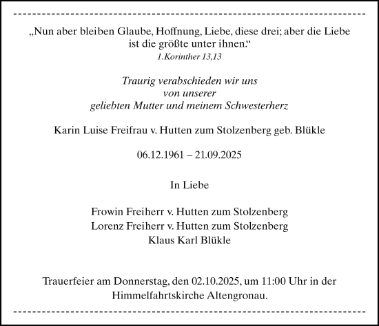 Traueranzeige von Karin Luise Freifrau v. Hutten zum Stolzenberg von FZ