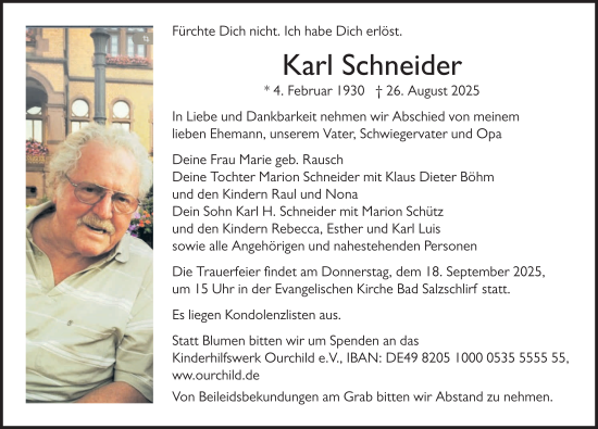 Traueranzeige von Karl Schneider von FZ