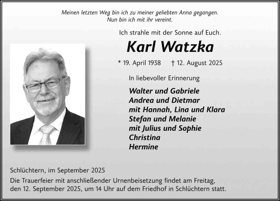 Traueranzeige von Karl Watzka von FZ