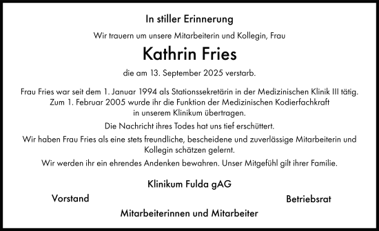 Traueranzeige von Kathrin Fries von FZ