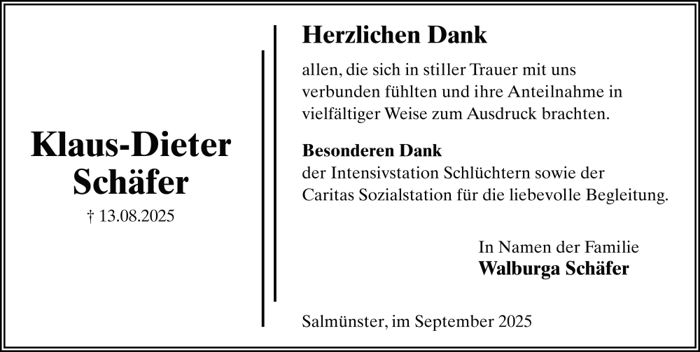  Traueranzeige für Klaus-Dieter Schäfer vom 13.09.2025 aus FZ