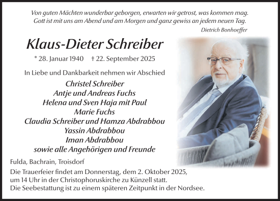 Traueranzeige von Klaus-Dieter Schreiber von FZ