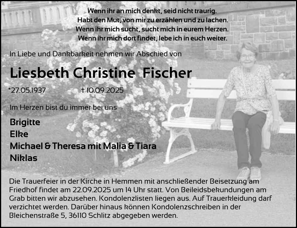  Traueranzeige für Liesbeth Christine Fischer vom 18.09.2025 aus FZ