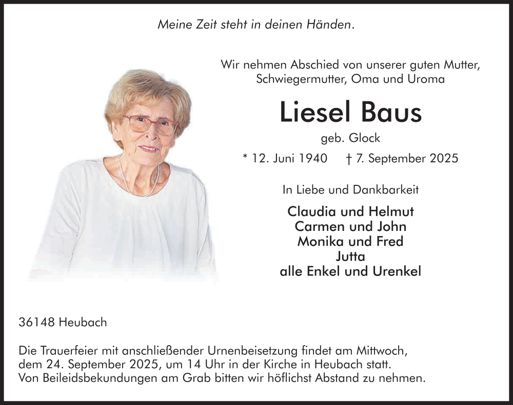  Traueranzeige für Liesel Baus vom 20.09.2025 aus FZ
