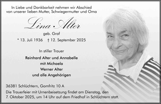 Traueranzeige von Lina Alter von FZ