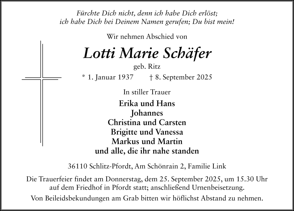  Traueranzeige für Lotti Marie Schäfer vom 20.09.2025 aus FZ