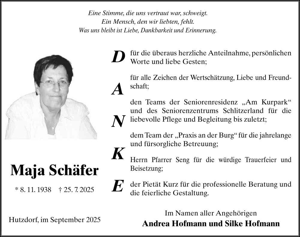  Traueranzeige für Maja Schäfer vom 13.09.2025 aus FZ