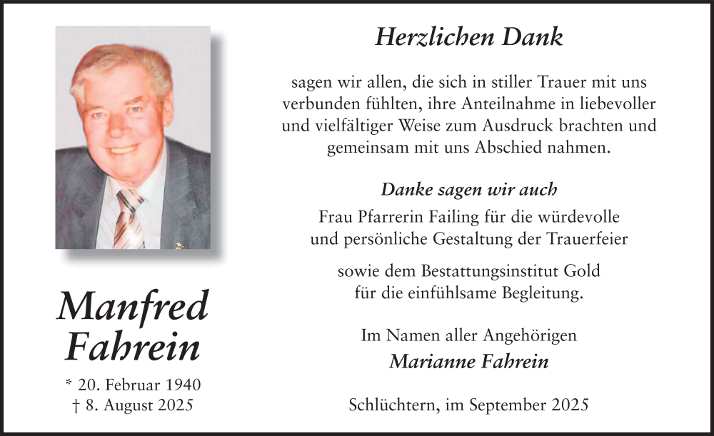  Traueranzeige für Manfred Fahrein vom 20.09.2025 aus FZ
