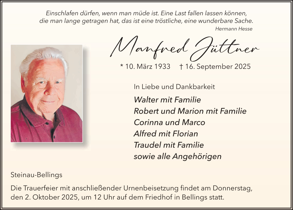  Traueranzeige für Manfred Jüttner vom 27.09.2025 aus FZ