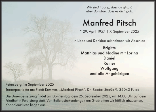 Traueranzeige von Manfred Pitsch von FZ