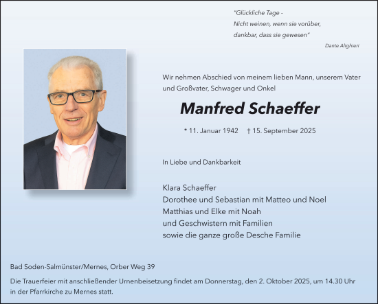 Traueranzeige von Manfred Schaeffer von FZ