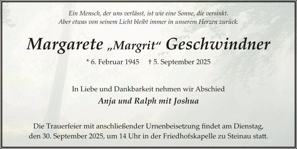  Traueranzeige für Margrit Geschwindner vom 13.09.2025 aus FZ