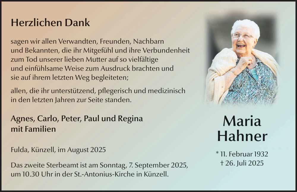  Traueranzeige für Maria Hahner vom 06.09.2025 aus FZ