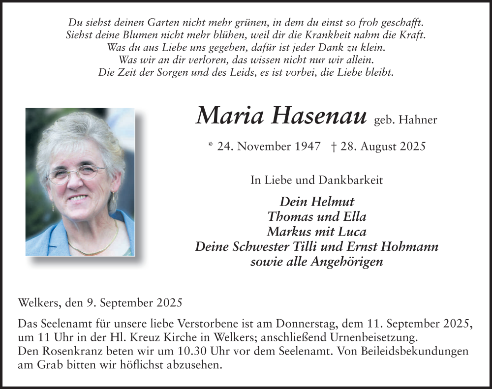  Traueranzeige für Maria Hasenau vom 09.09.2025 aus FZ