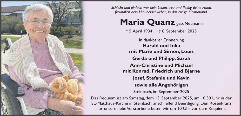  Traueranzeige für Maria Quanz vom 11.09.2025 aus FZ