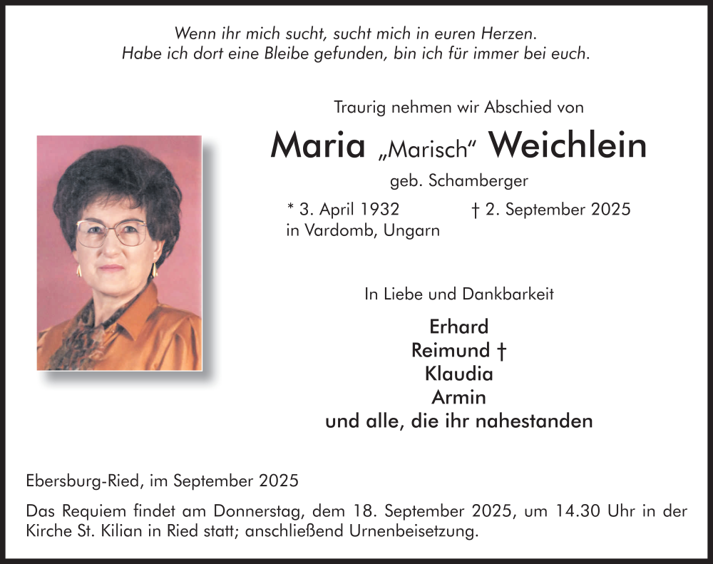  Traueranzeige für Maria Weichlein vom 13.09.2025 aus FZ