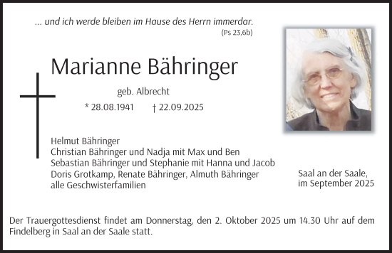 Traueranzeige von Marianne Bähringer von FZ