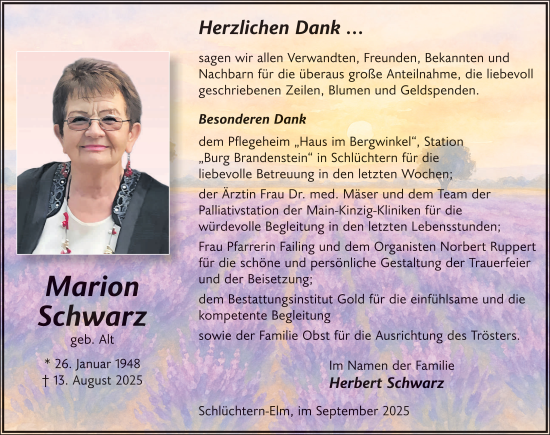 Traueranzeige von Marion Schwarz von FZ