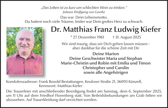 Traueranzeige von Matthias Franz Ludwig Kiefer von FZ