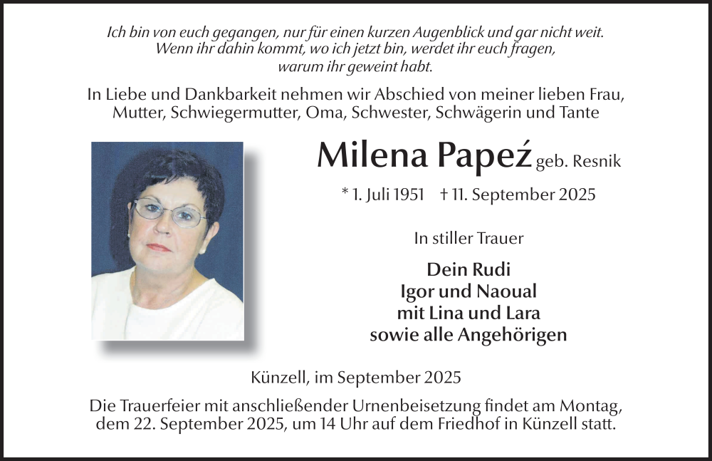  Traueranzeige für Milena Papez vom 19.09.2025 aus FZ