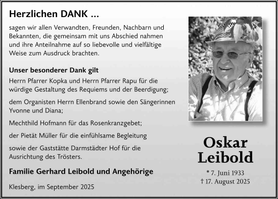 Traueranzeige von Oskar Leibold von FZ